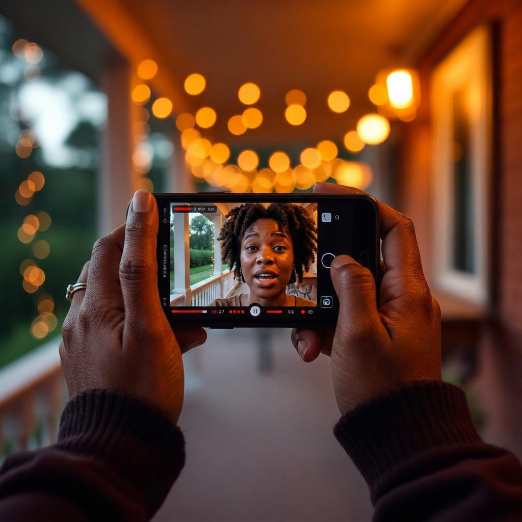 African American hands recording a self video story on a porch at golden hour with string lights